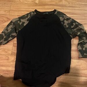 Zara Black Tee with Green Camouflage Trim